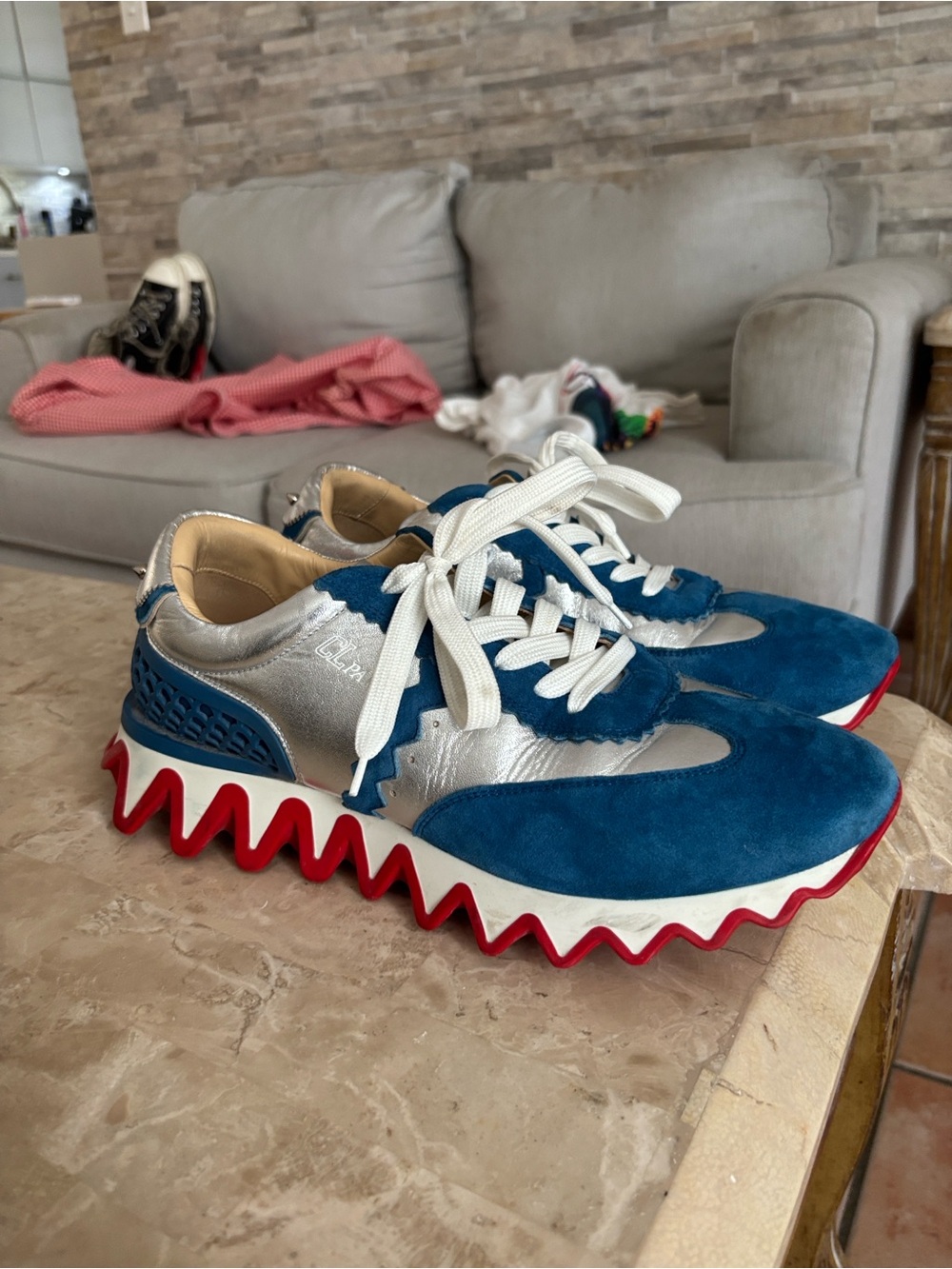 Christian Louboutin Blue Suede & Silver Sneakers with Red Zigzag Soles